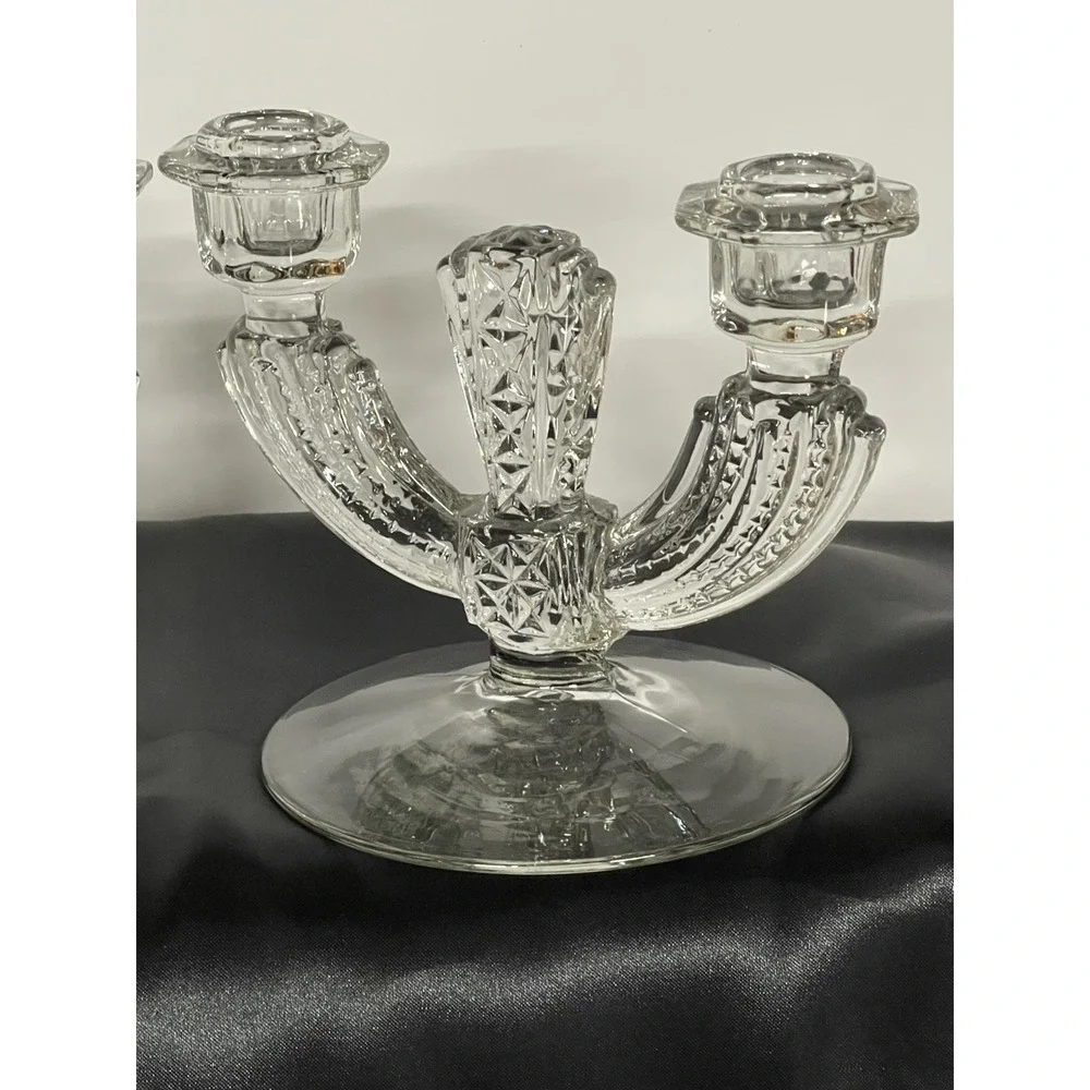 Tiffin Franciscan Williamsburg Clear Glass Double Candlesticks Candelabra Pair